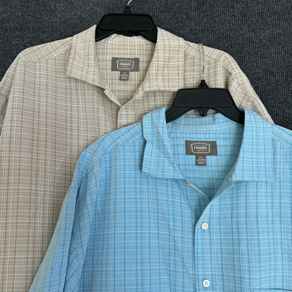 Lot of 2 - The Foundry Men's 2XLT Shirts SS Button Up Blue Tan Check Plaid
